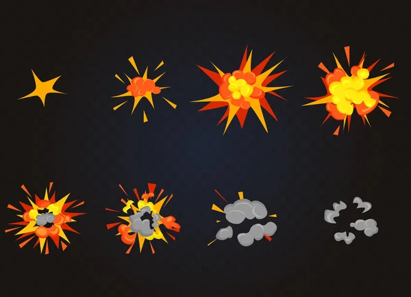 Vista superior del efecto de explosión de flash vectorial, explosión de bomba. Dibujos animados explosión animación juegos marcos . — Archivo Imágenes Vectoriales