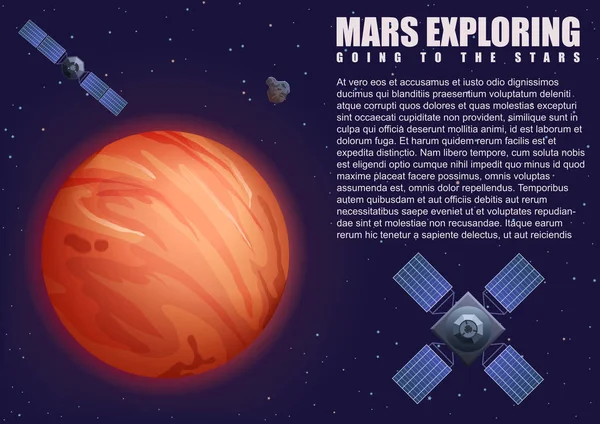 Illustrazione vettoriale del pianeta Marte e di diversi satelliti nello spazio. Marte esplorando . — Vettoriale Stock