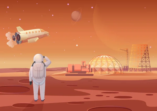 Illustrazione vettoriale dell'astronauta in piedi presso la colonia di Marte e guardando un'astronave volante . — Vettoriale Stock