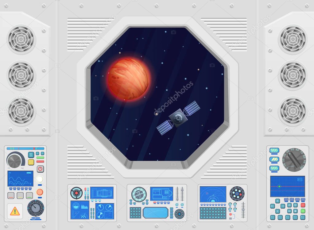 Planet and satellite through modern spaceship window with technical equipment.