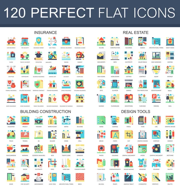 120 vektor komplexa platt ikoner konceptet symboler av försäkring, fastigheter, byggnadsteknik, design verktyg. Infographic ikonen webbdesign. — Stock vektor