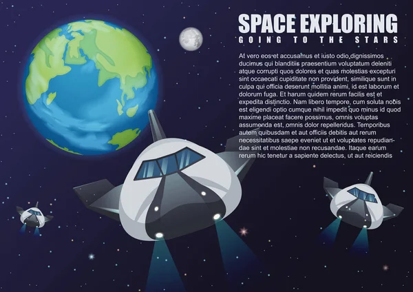 Vektorillustration av rymdskepp flyger från jorden till rymden. Galaxy att utforska. — Stock vektor
