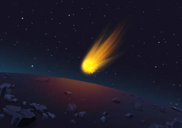 Векторна ілюстрація сяючої комети, що падає на планету в космосі . — стоковий вектор