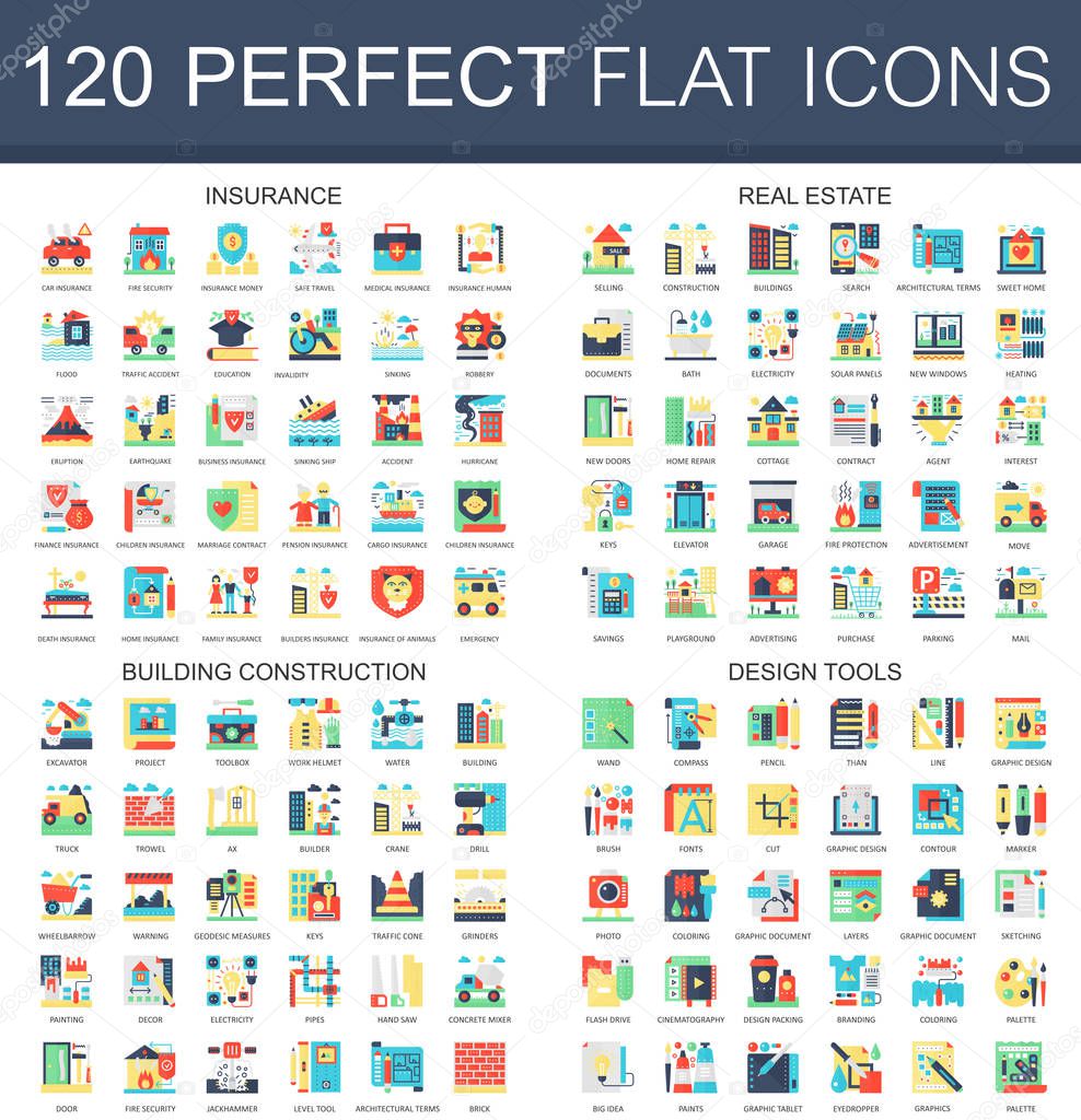 120 vector complex flat icons concept symbols of insurance, real estate, building construction, design tools. Web infographic icon design.