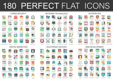 180 vektör karmaşık düz simgeler kavramı sembol siber güvenlik, ağ teknolojisi, web geliştirme, dijital pazarlama, elektronik cihazlar, 3d modelleme simgeler. Web Infographic simgesi tasarım.
