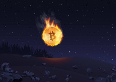 Bitcoin geceleri yere düşen yangında vektör çizim.
