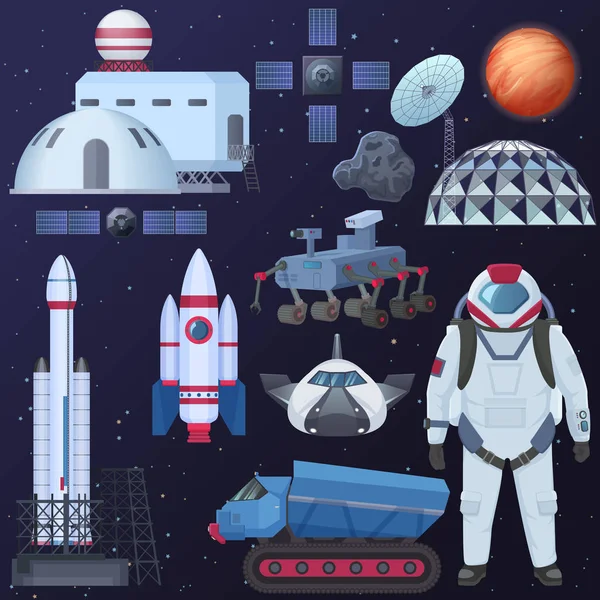 Ilustración vectorial de diferentes elementos de la nave espacial, astronauta en traje espacial, edificios de colonización, nave espacial satelital, cohete y Mars rover . — Archivo Imágenes Vectoriales