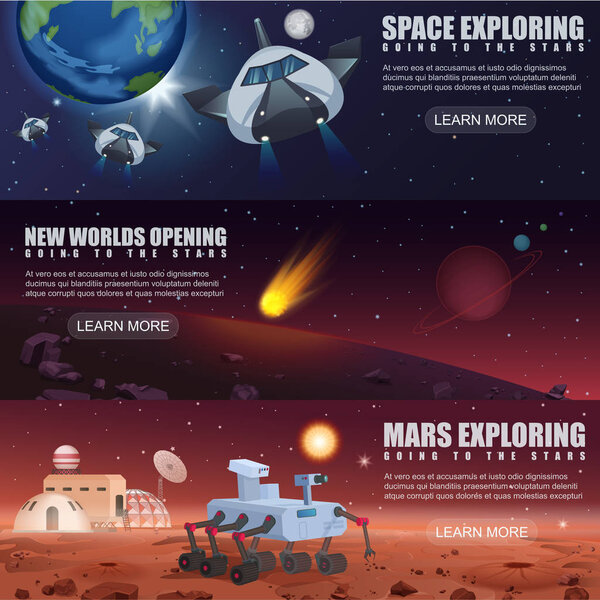 Vector illustration banners of space flight spaceships exploration, alien planets in outer space, galaxy Mars rover and colonization.