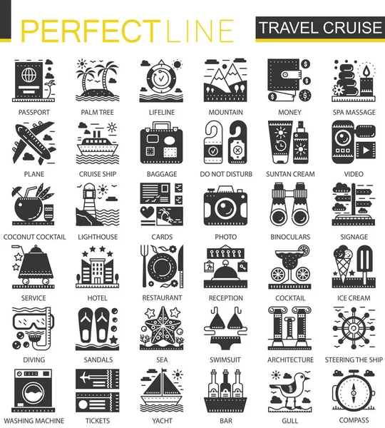 旅游邮轮度假黑色迷你概念图标和图表符号集 — 图库矢量图片