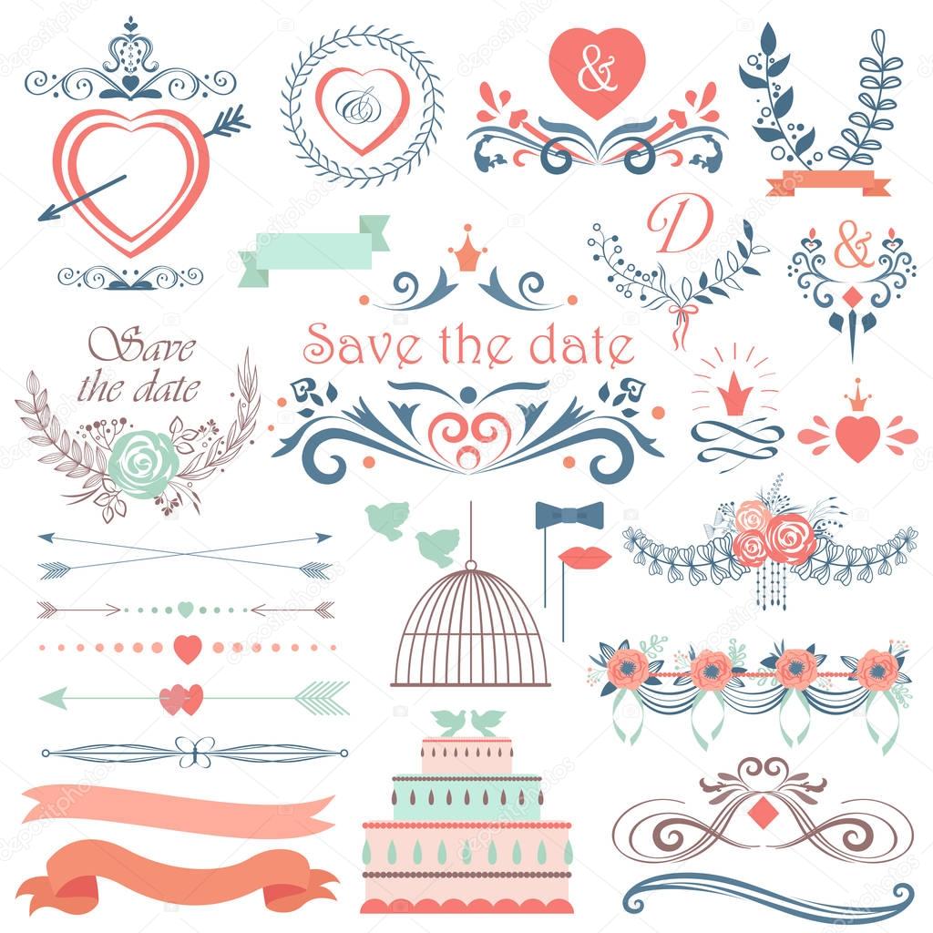 Romantic hand drawn vector wedding graphic set of cakes, arrows, flowers, laurel, wreaths. Wintage ribbons and labels.