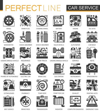 Vektör araba hizmeti siyah mini kavramı simgelerini ve Infographic sembolleri ayarla