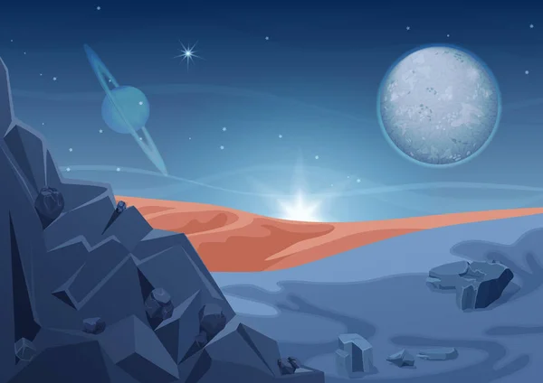 Fantasie Geheimnis fremde Landschaft, ein anderer Planet Natur mit Felsen und Planeten am Himmel. Spiel Design Vektor Galaxie Raum Hintergrund. — Stockvektor