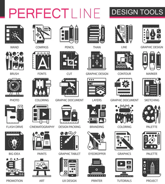 Vector Interface design tools black mini concept icons and infographic symbols set — Stock Vector