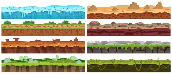 Dibujos animados sin costura vector paisaje conjunto de diseño. Colección planta baja para interfaz de juego . — Vector de stock