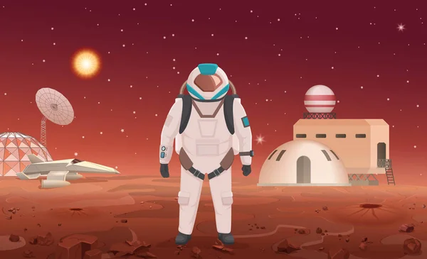 Illustrazione vettoriale di astronauta in tuta spaziale in piedi in colonia sul pianeta . — Vettoriale Stock