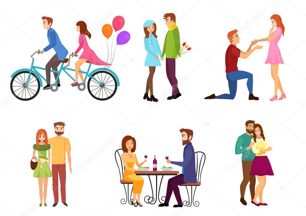 Vector Romantic dating couples flat isolated characters set with young lovers. People kissing, walking, giving presents gifts.