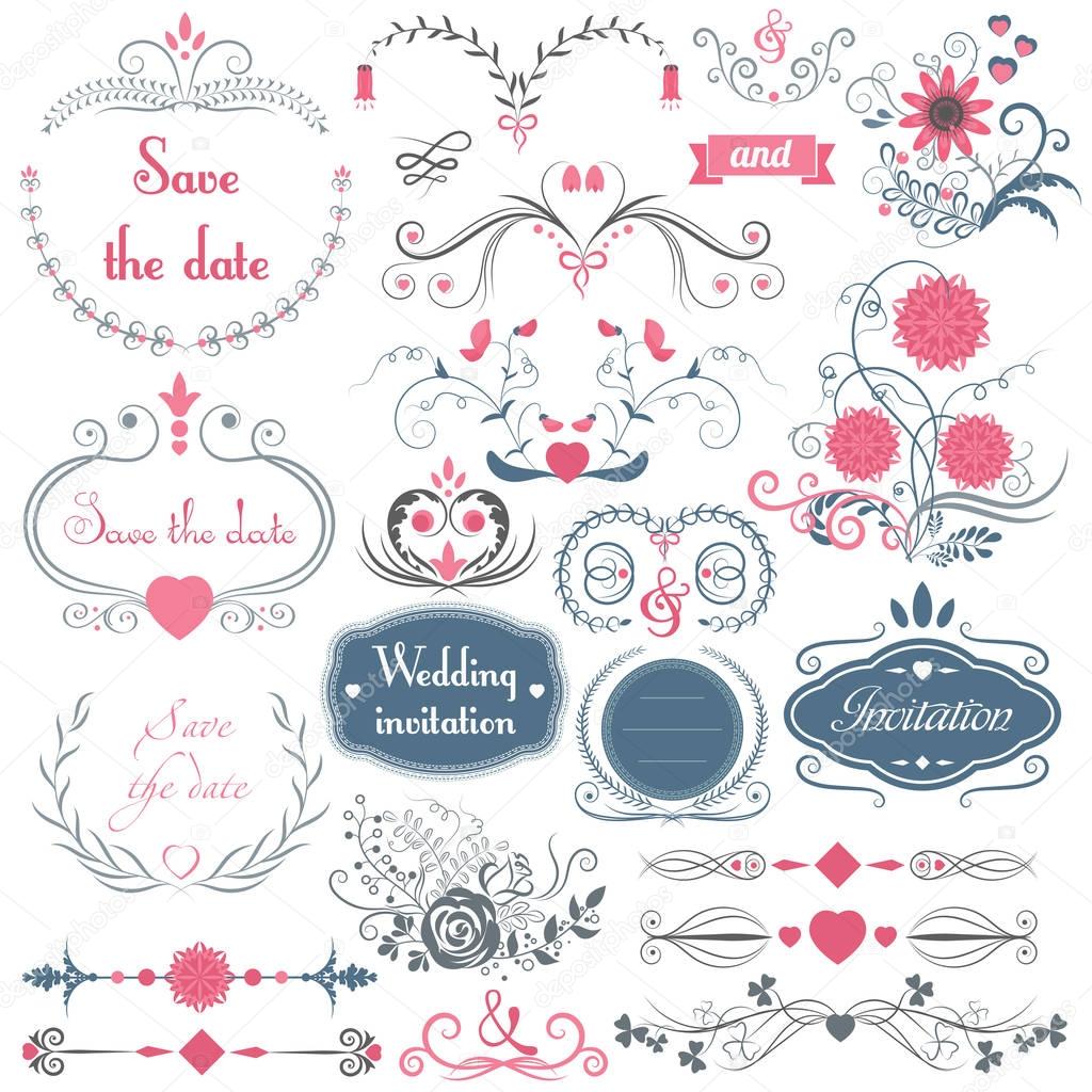 Romantic hand drawn vector wedding graphic set of frames, arrows, flowers, laurel, wreaths, ribbons and labels.