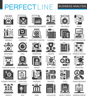 Vektör Business analytics klasik siyah mini kavramı simgeler ve Infographic sembolleri ayarla