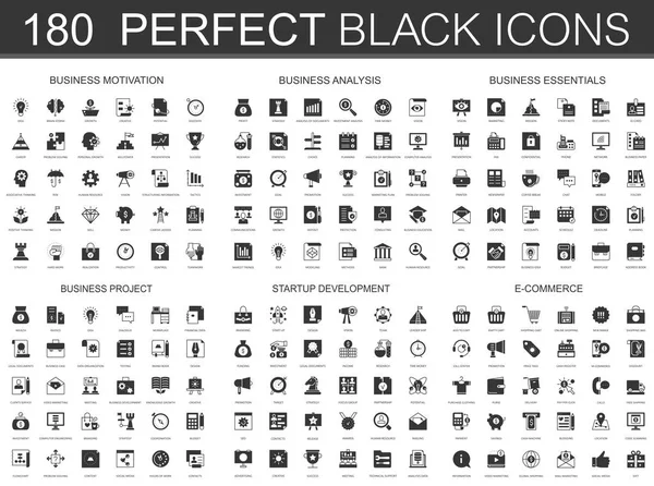 Motivación empresarial, análisis, elementos esenciales del negocio, proyecto empresarial, desarrollo de startups, e-commerce black classic icon set . — Archivo Imágenes Vectoriales