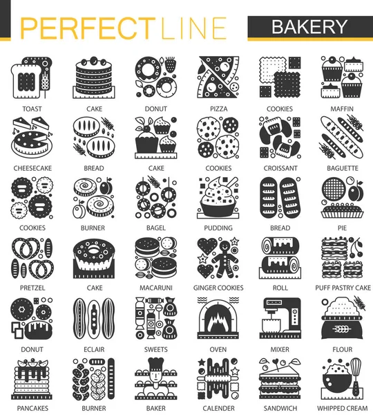 Vector Panadería y pastelería clásico negro mini iconos de concepto y símbolos de infografía conjunto — Archivo Imágenes Vectoriales