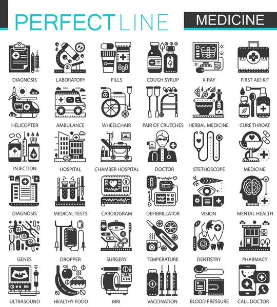 Schwarze Mini-Konzeptsymbole und Infografiken für Medizin und Gesundheitswesen — Stockvektor