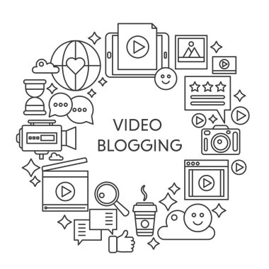 Video bloglamaya ince çizgi vektör konsept illüstrasyon. Kontur anahat poster, web için şablon.