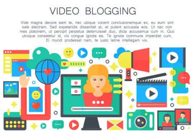 Blogger video karikatür düz kavramı. Kadın kadın blogger ile bilgisayar ekranı. Kişisel Bloglama kanal yayın. Vektör web şablonu çizim.