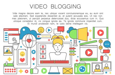Blogger video düz çizgi kavramı. Kadın kadın blogger ile bilgisayar ekranı. Kişisel Bloglama kanal yayın. İnce anahattı kontur web şablonu vektör çizim.
