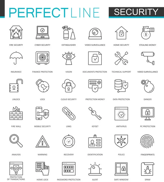 Conjunto de iconos web de línea delgada de protección de seguridad. Diseño de iconos de trazo de esquema de seguridad de datos, web, personal y hogar . — Vector de stock