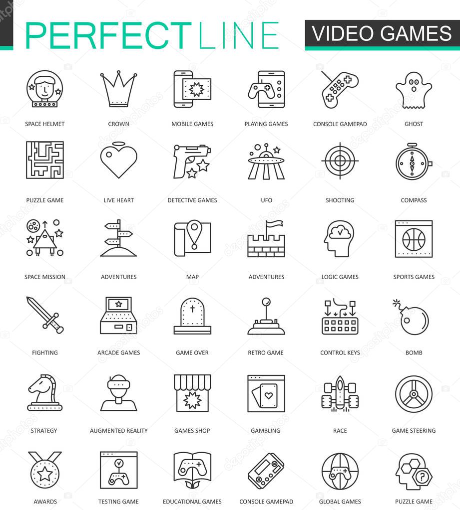 Video games thin line web icons set. Mobile game app interface Outline stroke icons design.