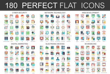180 modern düz simgeler kümesi siber güvenlik, ağ teknolojisi, web geliştirme, dijital pazarlama, elektronik cihazlar, 3d modelleme simgeler.
