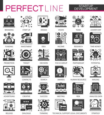 Başlangıç geliştirme siyah mini kavramı simgeleri ve Infographic sembolleri ayarla