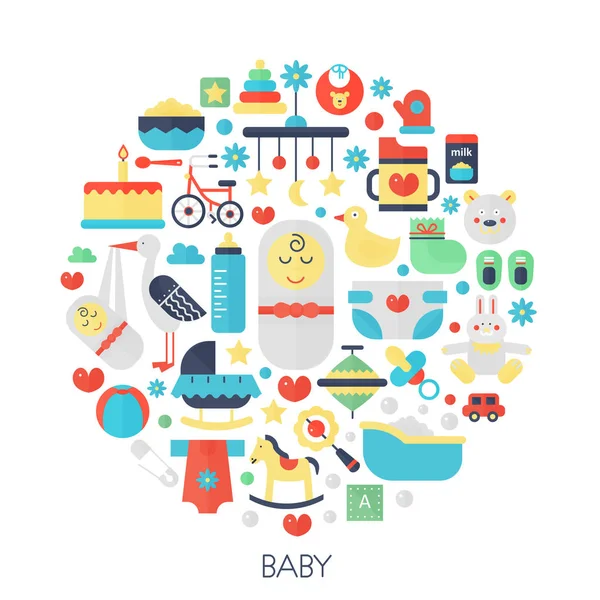 Ícones de infográficos planas de bebê em círculo - ilustração de conceito de cor para capa de bebê pequeno, emblema, modelo . —  Vetores de Stock