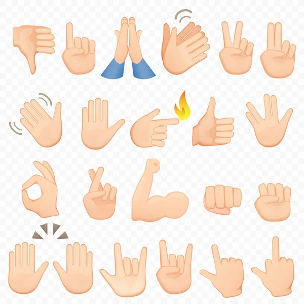 Rajzfilm kezek ikonok és szimbólumok gyűjteménye. Emoji kézzel ikonok. Más kezek, gesztusok, jelek és tünetek, vektoros illusztráció gyűjtemény. — Stock Vector