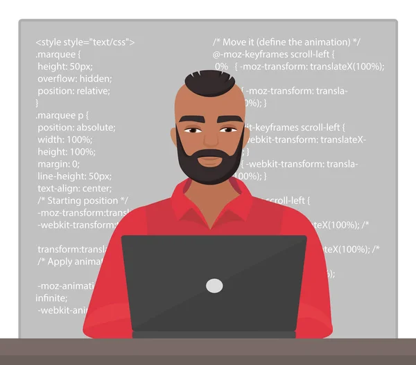 Векторный стильный черный программист, сидящий за рабочим столом и работающий на ноутбуке с кодом. Профессиональное кодирование персонажа . — стоковый вектор
