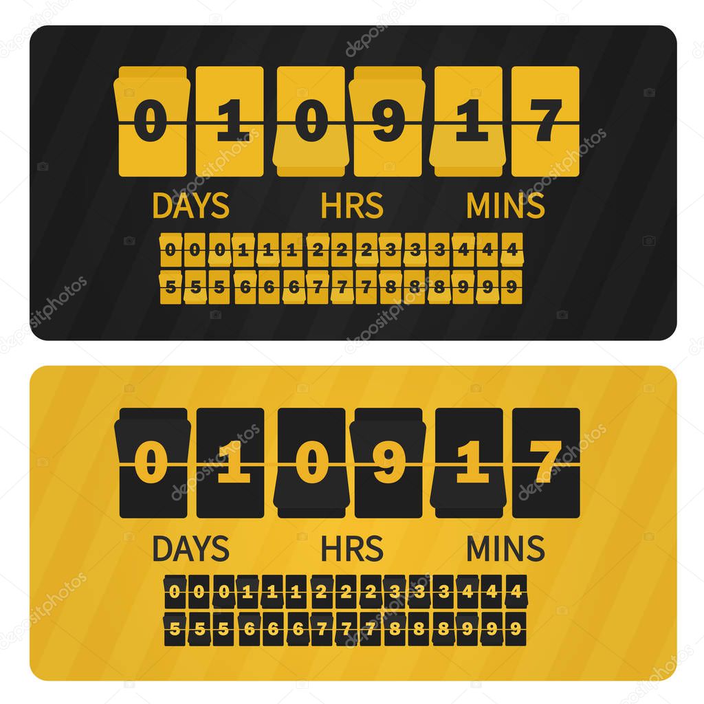 Vector Event presentation sale timer. Yellow black numbers counter template banner, all digits with flips included. Countdown clock digits board.