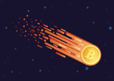 Vector Cartoon illustration of comet with golden bitcoin symbol flying in open galaxy space. Bitcoin falling going down. clipart
