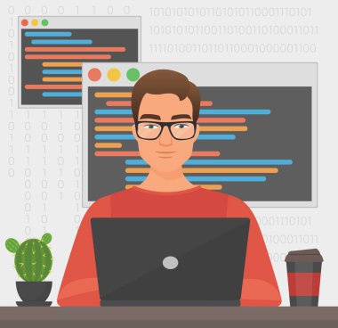 Adam programcı dizüstü bilgisayar kodu ile çalışma. Kodlama programcı.