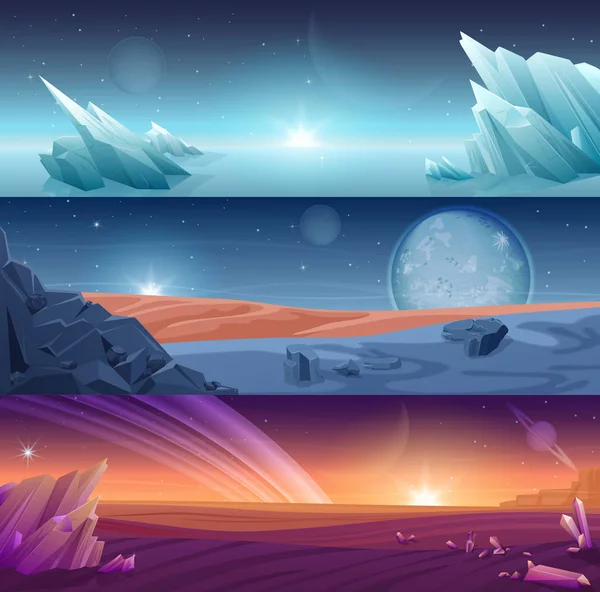 Fantastische buitenaardse planeet horizontale banners landschap achtergrond instellen. — Stockvector