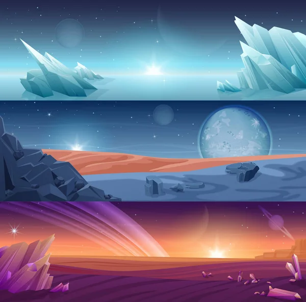 Fantástico planeta alienígena banners horizontais paisagem fundo conjunto . — Vetor de Stock