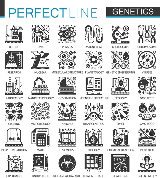 Bioquímica genética negro mini iconos de concepto y símbolos de infografía conjunto . — Vector de stock