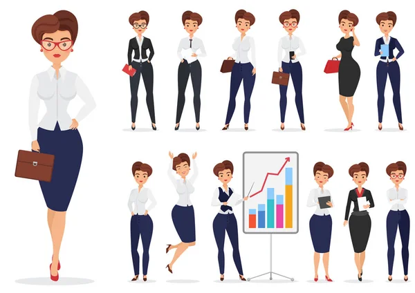 Bonito personaje de mujer de negocios de dibujos animados diferentes poses diseño conjunto. Diseño vectorial . — Archivo Imágenes Vectoriales