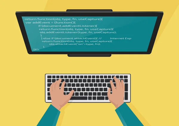 Programación, concepto de desarrollo web. Programadores manos en el teclado. Código en el monitor de pantalla. Ilustración vectorial plana . — Vector de stock