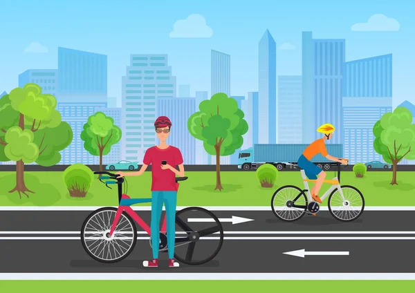 Ilustração vetorial de ciclistas no parque. Homem ciclista usando seu telefone. Ciclistas caminhando no parque da cidade . —  Vetores de Stock