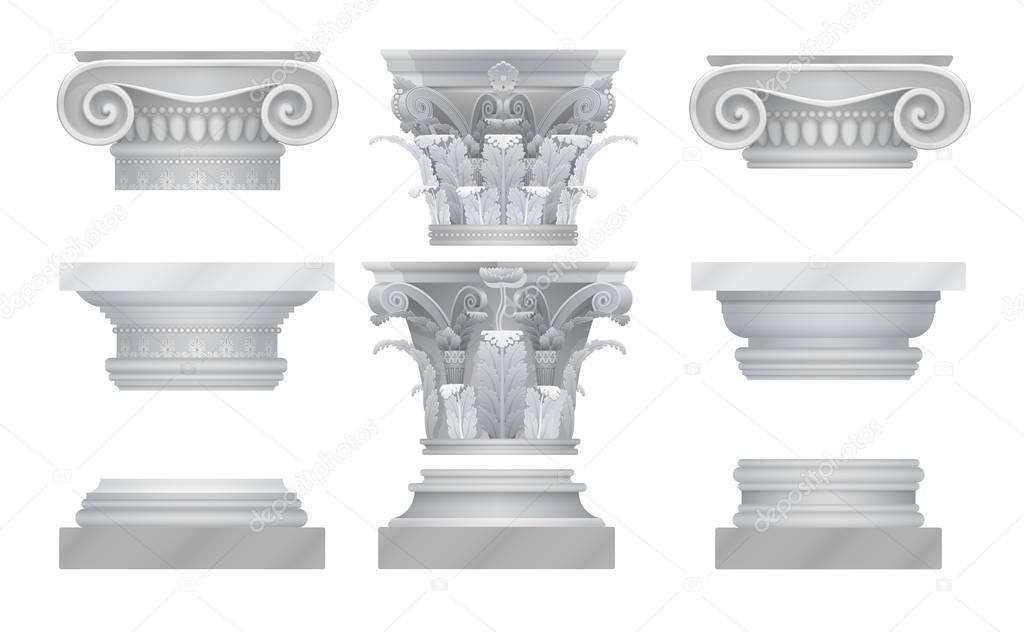 Vector realistic ancient greek roma column capitals set.