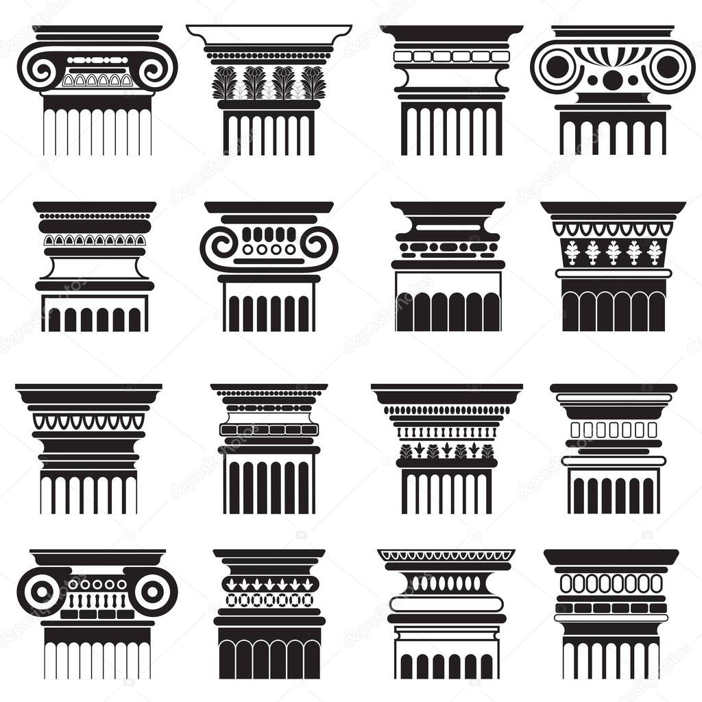 Vector ancient greek roma column capitals silhouette set.