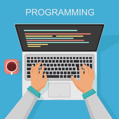 Programlama, web geliştirme kavramı kodlama vektör. Ekran kodu ile programcı Üstten Görünüm.