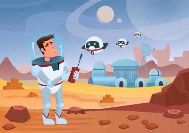 Ayakta ve uçağı kontrol neşeli çizgi film uzay adamı astronot vektör Illustration. Mars peyzaj.