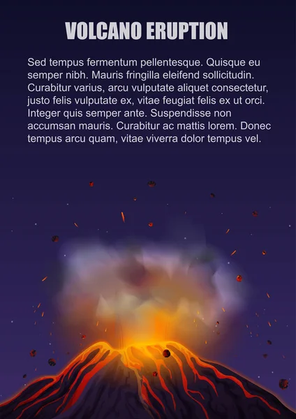 Erupción del volcán con concepto de cartel de lava. Ilustración vectorial . — Vector de stock
