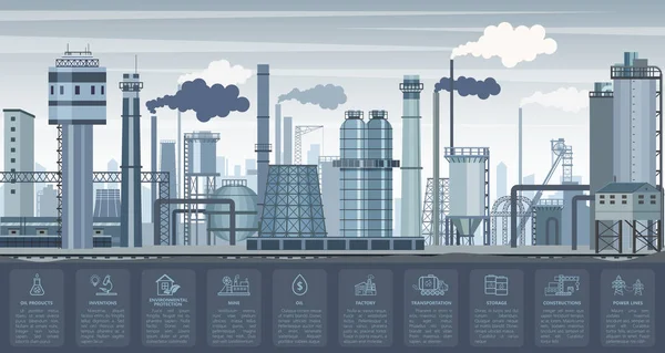 Industrielle Infografiken mit Fabriken und Anlagen und Symboldiagramme. Illustration der Vektorbranche. — Stockvektor